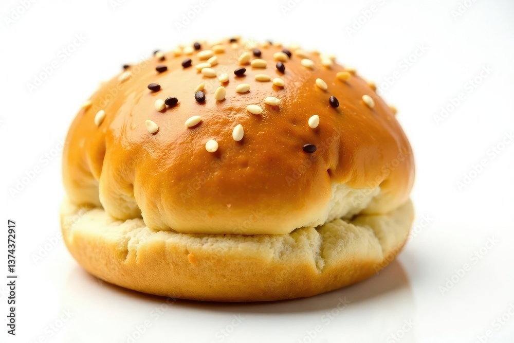 Sesame seed topped bun, side view, crisp edges, white background , round, texture, crispy Sesame seed topped bun, side view, crisp edges, white background , round, texture, crispy