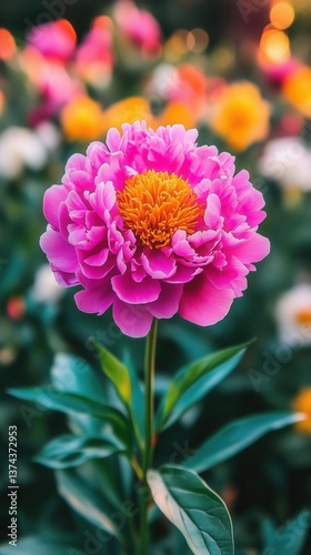 Captivating peony blossom in vibrant pink and gold hues against a blurred floral background creating a serene and artistic botanical portrait