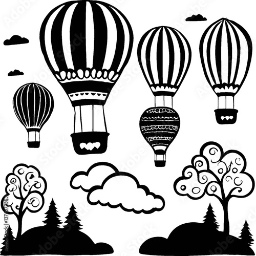 Black and white graphic showing four hot air balloons floating above trees. Clouds dot the sky, conveying a sense of whimsy.