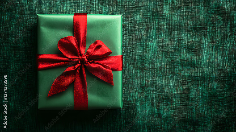 Fototapeta premium A Christmas gift wrapped in green paper with a bright red bow, evoking the cheerful colors of the festive season.
