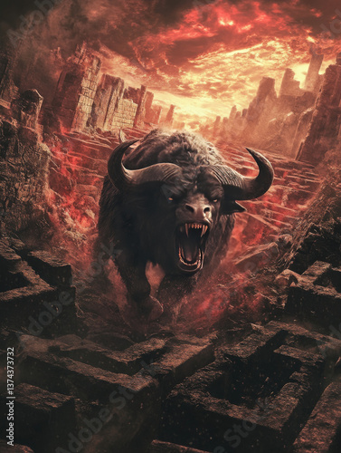 dramatic image featuring roaring bull in fiery, apocalyptic landscape with ancient ruins. intense atmosphere evokes feelings of power and chaos, capturing viewer attention
