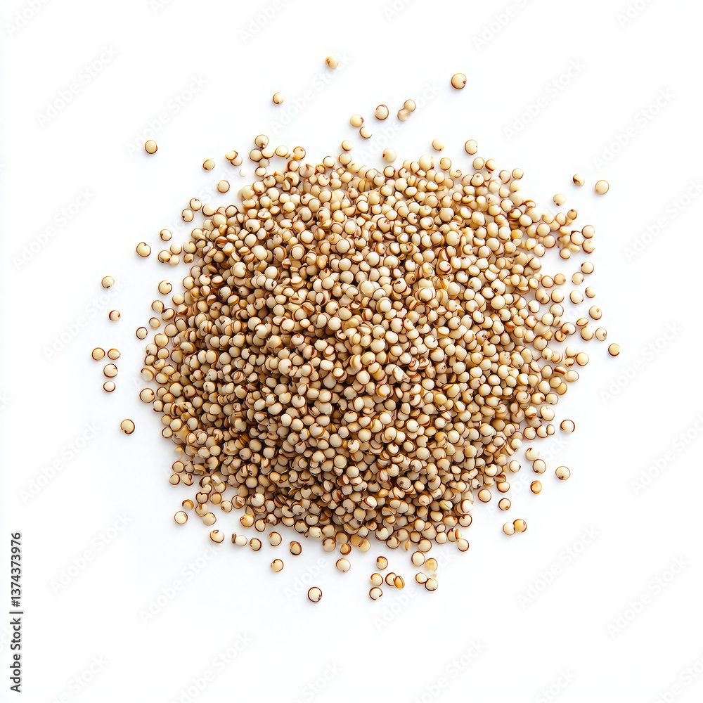 A mound of creamy white quinoa, a nutritious superfood, ready for cooking, showcasing its tiny, pearl-like grains against a clean white background. A mound of creamy white quinoa, a nutritious superfood, ready for cooking, showcasing its tiny, pearl-like grains against a clean white background.