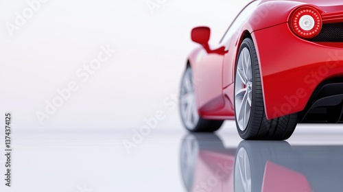 Close-up of the rear end of a red sports car. the car is facing towards the right side of the image and is positioned on a reflective surface.