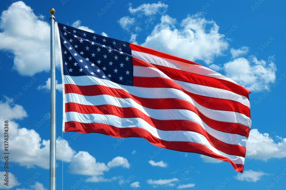 Obraz premium American Flag Majestically Waving in the Wind Against a Bright Blue Sky with Fluffy White Clouds