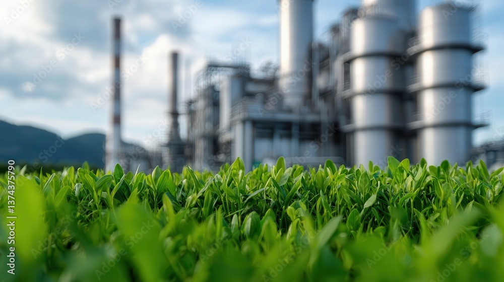 Fototapeta premium Methane plant with surrounding greenbelt and eco signage, methane production, sustainable industrial practices