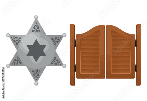 Vector Illustration of a Western Sheriff Badge and Saloon Swinging Doors Representing Classic Wild West Elements