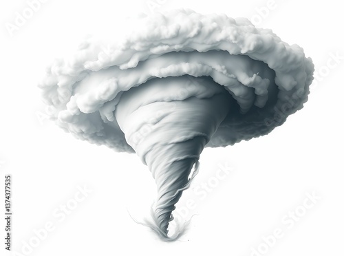  Dramatic and powerful tornado funnel cloud in motion, isolated on a clean white background, showcasing raw energy and movement

