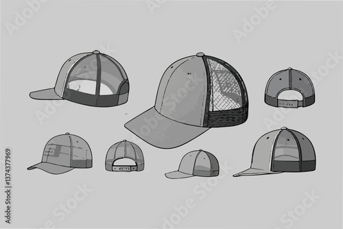 Trucker Cap Mockups: Multiple Views for Apparel Design Template Collection