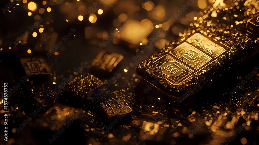 Gold bars scattered on a table with bokeh, wealth concept Gold bars scattered on a table with bokeh, wealth concept