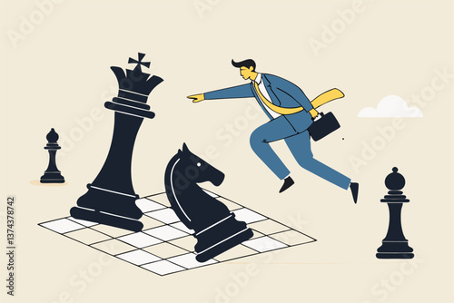 Strategic move, leadership to lead team with strategy, challenge to success, courage and confidence to win business competition concept, businessman riding chess knight lead team to win chess victory.