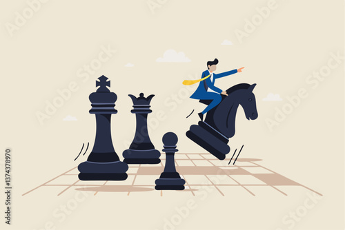 Strategic move, leadership to lead team with strategy, challenge to success, courage and confidence to win business competition concept, businessman riding chess knight lead team to win chess victory.