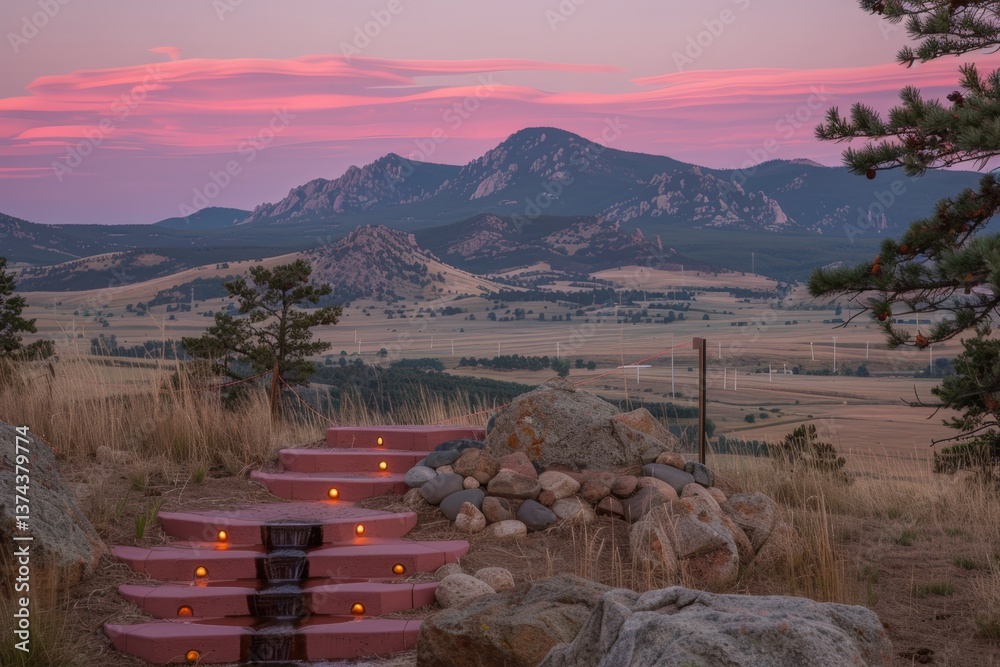 Serene sunset view with pink skies over mountains, featuring stone steps leading into a tranquil landscape.