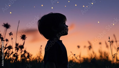 Child gazing at stars at sunset