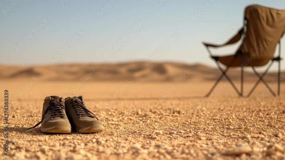 Obraz premium Tranquil desert escape with empty chair and sneakers in the sand