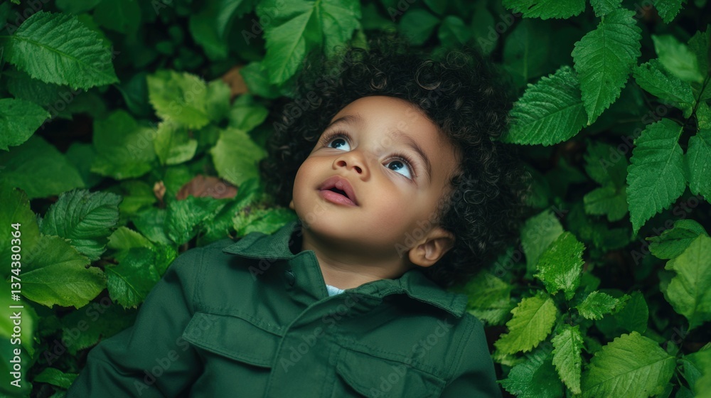 Curious child surrounded by lush green foliage in nature exploration Curious child surrounded by lush green foliage in nature exploration