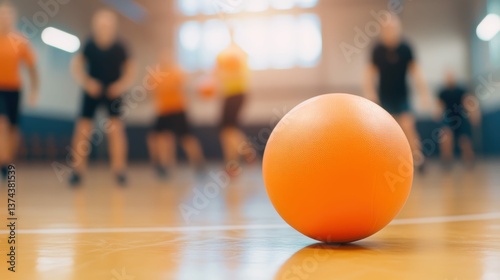Friends playing dodgeball in a school gymnasium with bright lighting, energetic and competitive,