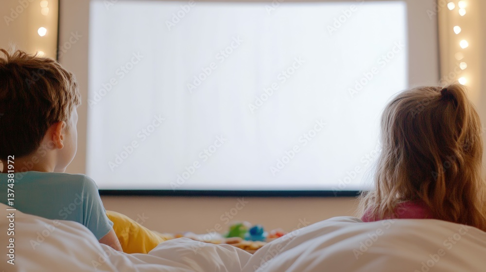 Obraz premium Kids having a sleepover in the living room, watching a movie on a large screen while sitting in sleeping bags, snacks scattered around
