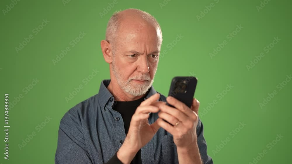 Mature man smiles while holding a smartphone up, expressing positivity with a thumbs up gesture against a solid green background. Perfect for product announcements. Mature man smiles while holding a smartphone up, expressing positivity with a thumbs up gesture against a solid green background. Perfect for product announcements.