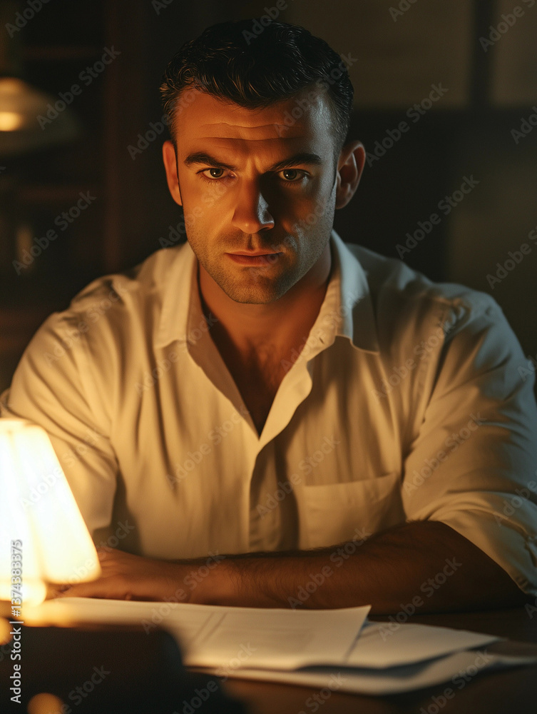 Man in white shirt sits at desk with lamp illuminating papers in dimly lit room during evening hours Man in white shirt sits at desk with lamp illuminating papers in dimly lit room during evening hours