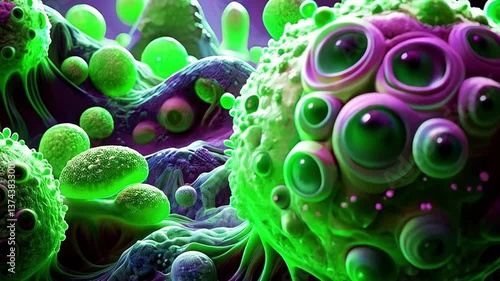 Fantasy green and violet abstract cell-like organisms with glowing textures and tentacle shapes in a surreal biological landscape.