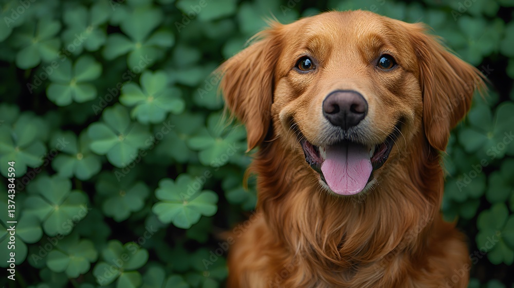 Happy Golden Retriever amidst clover, outdoors Happy Golden Retriever amidst clover, outdoors