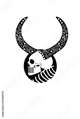 Card skull death with horns. The image features a black and white illustration of a skull with horns. The skull is depicted in profile, with a barcode covering its mouth. 