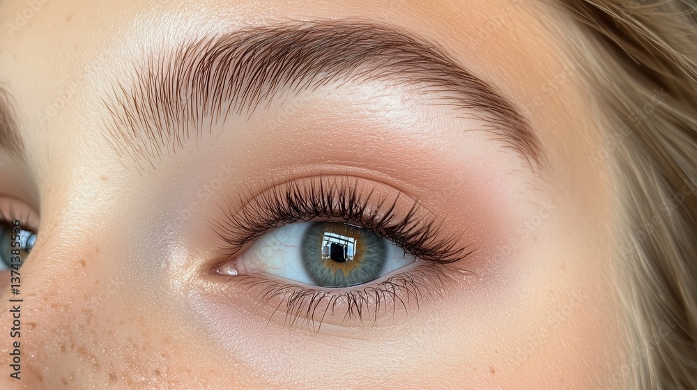 Obraz premium Close-up of a young person's eye revealing detailed eyelashes and nuanced skin tone with a natural look, showcasing beauty