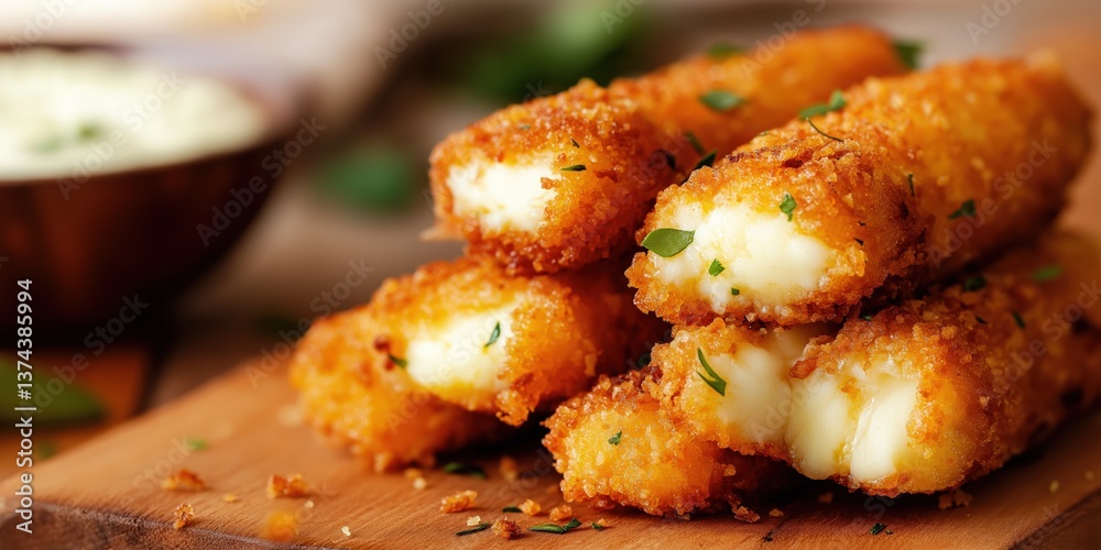 Close-up of gooey fried cheese sticks with fresh herbs Close-up of gooey fried cheese sticks with fresh herbs