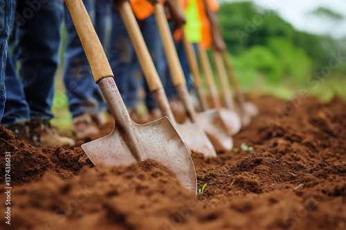 Shovels in dirt for new construction project with workers and soil outdoors scene