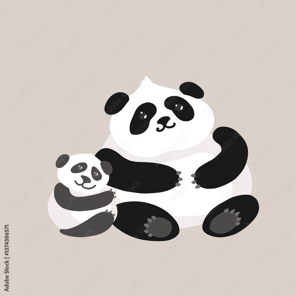 Naklejka premium Adorable illustration of a panda hugging a baby panda, both with sweet expressions on a white background. A heartwarming and gentle design perfect for children’s decor, family-themed art, and nature