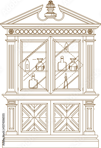 sketch vector illustration design engineering drawing architectural detail furniture cupboard teak wood classic vintage ethnic traditional