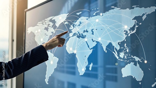 Global Network Presentation: Connecting Points on the World Map for Business Expansion and International Communication Displayed Digitally.