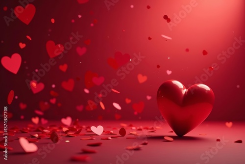 Vibrant red hearts and love confetti falling in a festive Valentine's Day scene, red, heart