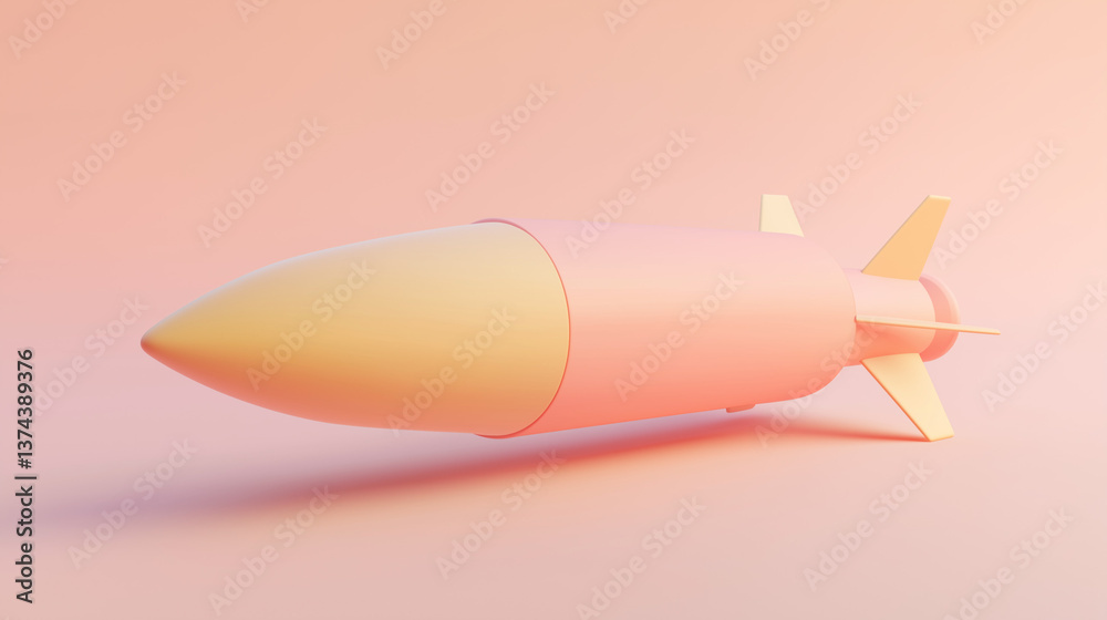 Obraz premium 3D stylized missile in pastel colors with fins and cylindrical body design. A conceptual military object blending weapon imagery with playful minimal aesthetics. 