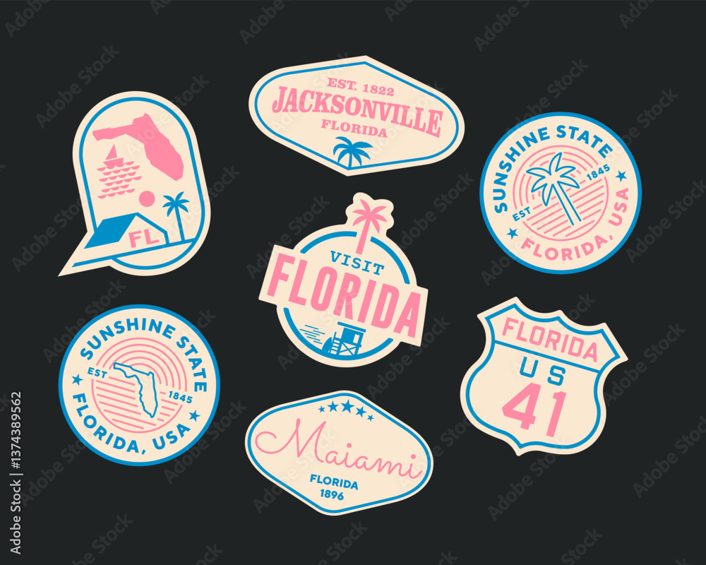 Obraz premium Sticker Pack. Collection of trendy pins. Set of cool patches vector design. Florida retro badges.