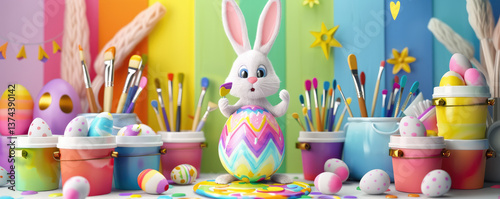 Colorful bunny painting egg in vibrant setting