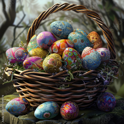 Colorful decorated eggs in woven basket