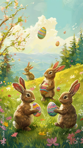 Easter bunnies enjoying colorful egg hunt in nature