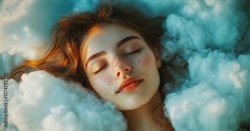 Woman Sleeping Peacefully Among Clouds During Sunset With Warm Sunlight Illum...