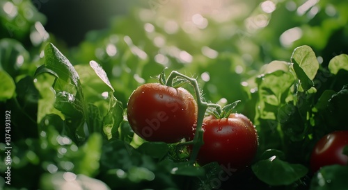 Freshly Harvested Tomatoes Glistening in Morning Sunlight on a Vibrant Farm
