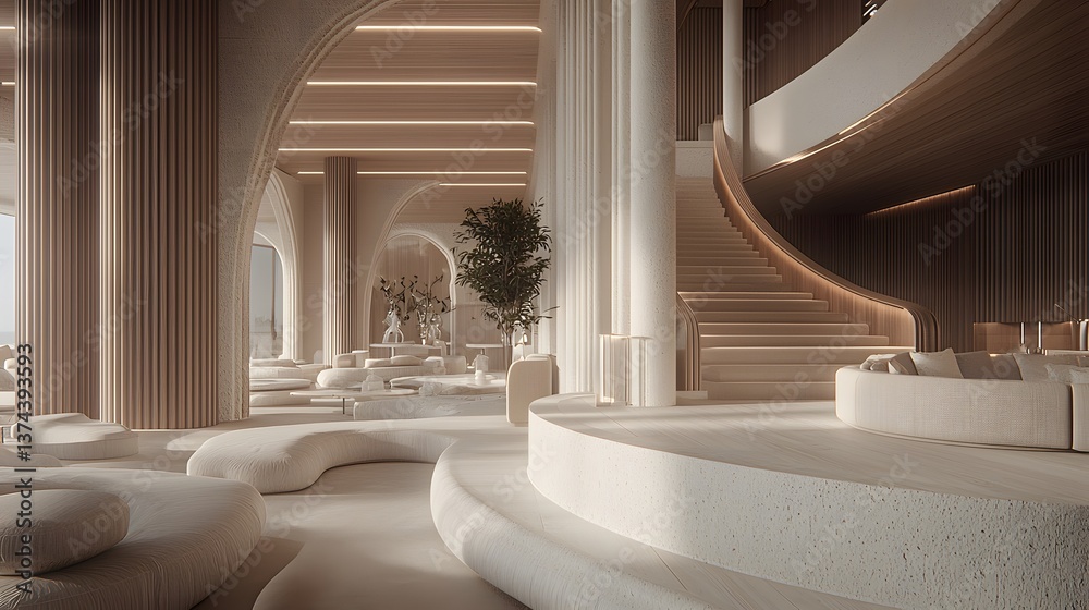 Obraz premium Lobby lounge; modern interior, neutral tones, arches,stairs, people, plants, serene use for upscale travel