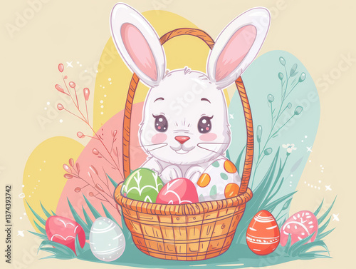 Cute bunny with colorful eggs in basket