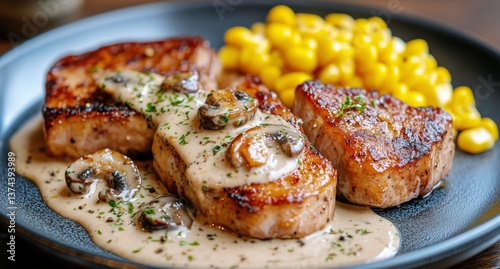 Savory Pork Chops Served With Creamy Mushroom Sauce and Sweet Corn