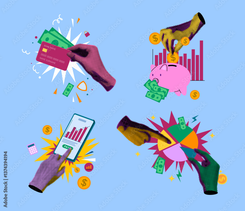 Fototapeta premium Financial and Banking Services Concept with Collage Elements Realistic Halftone Dotted Human Hands Set. Vector illustration