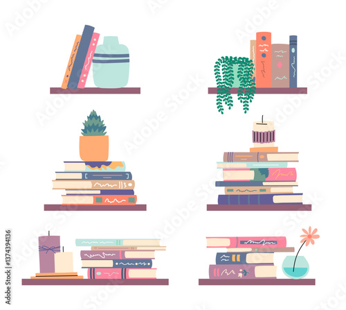Cartoon Color Book Shelves Home Library with Potted Plants Set Literature Reading Concept Flat Design Style. Vector illustration of Bookshelf