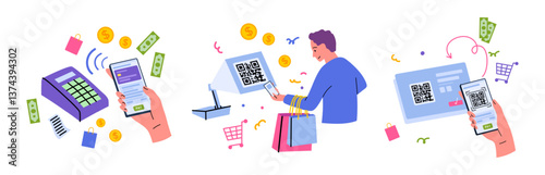 Cartoon Color Characters People and Finance Payments with Phone Scanning a QR Code Banking Service Set Concept Flat Design Style. Vector illustration