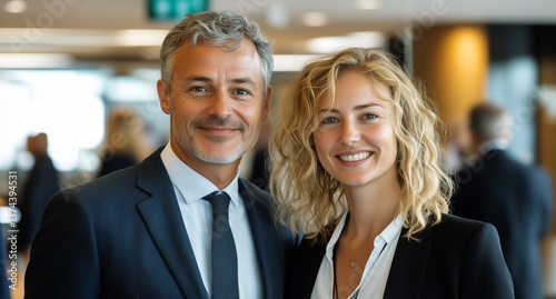 Professional Couple Smiling Together in Modern Office Setting During Daytime