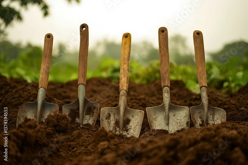 Exploring gardening tools shovels in soil for planting and digging in garden