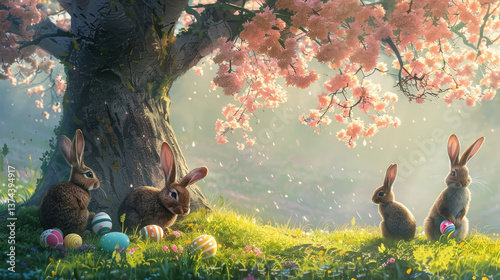 Easter bunnies gather under blooming tree, celebrating joyfully