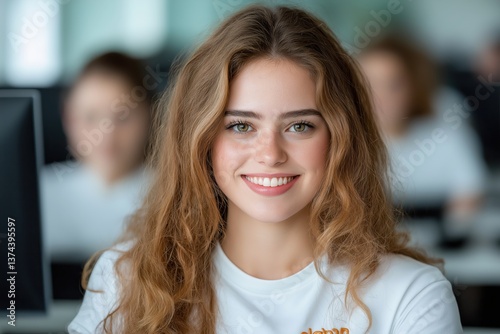 Wallpaper Mural Female student conducting research in university lab environment with multiple computers and classmates Torontodigital.ca